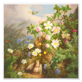Vintage Vildblommor och Babyfågel Oljemålning Fototryck