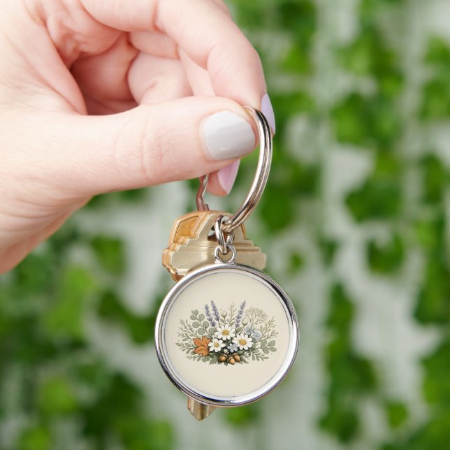 Vintage Vildblomsbukett Konsttryck | Botanisk F Rund Silverfärgad Nyckelring (Hand)
