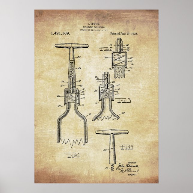 Vintage Vin Corkskruv Patent Poster (Framsidan)