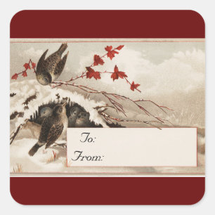 Vintage Vinter Birds Square Stickers Fyrkantigt Klistermärke