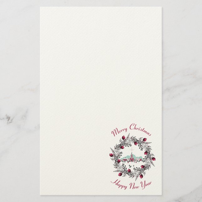 Vintage Vinter Church Scene med julkrans Brevpapper (Framsida)