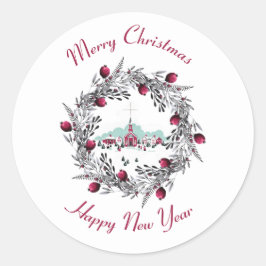 Vintage Vinter Church Scene med julkrans Runt Klistermärke