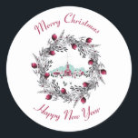 Vintage Vinter Church Scene med julkrans Runt Klistermärke<br><div class="desc">Stickrar med en digital bild av en målad illustration av en röd kyrka och stympning. En lysande julstjärna lyser över. Familjerna är på framsidan och anländer till en kyrkotjänst. Winter snö täcker marken och vilar på söt bushy gräs träd. En röd och grått julkrans omger bilden. God jul och gott...</div>