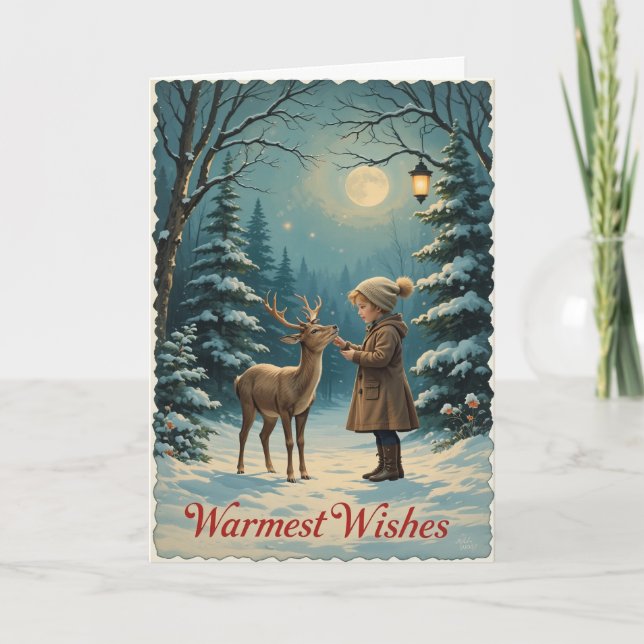Vintage Vinter Flicka Skog Fredlig Varmaste Önskni Kort (Framsida)
