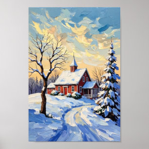 Vintage vinterns gård snölandskaps konst poster