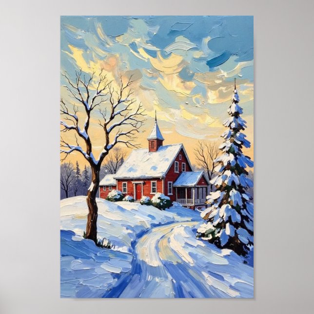 Vintage vinterns gård snölandskaps konst poster (Framsidan)