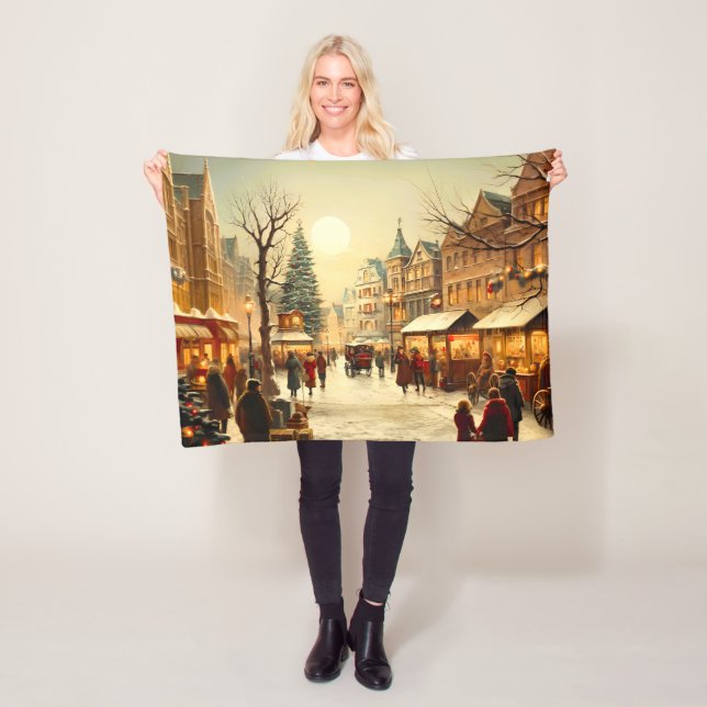 Vintage vinters snöiga julmarknad stad fleecefilt (På plats)