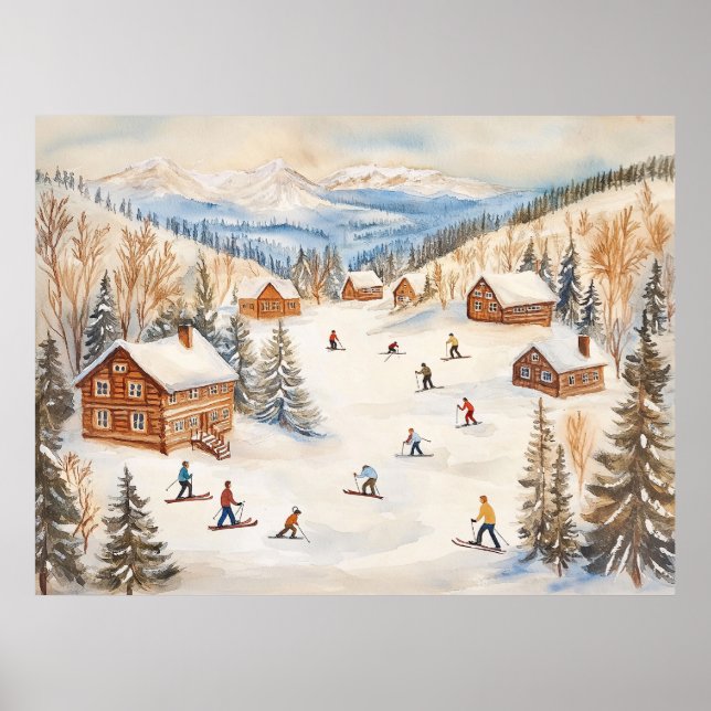 Vintage vinterscener med skidåkare poster (Framsidan)