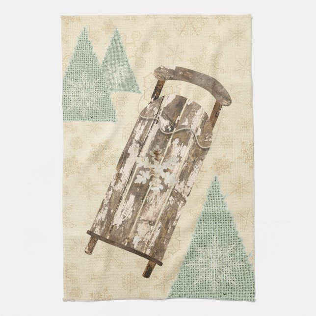 Vintage vinterslunga snöflingor träd Rustic sleigh Kökshandduk (Vertikal)