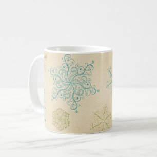 Vintage vintersnöflingor, mönster kräm, teal kaffemugg