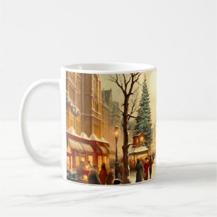 Vintage vintersnöig julmarknad i stadsmiljö kaffemugg