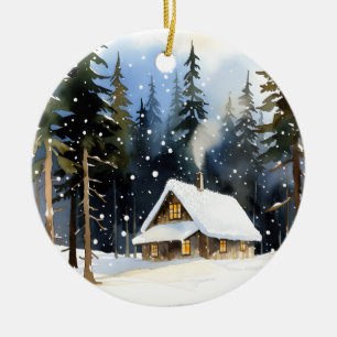 Vintage vintersstuga Vattenfärg jul Julgransprydnad Keramik