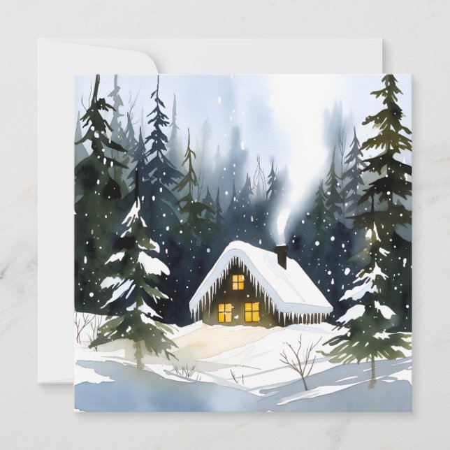 Vintage vintersstuga Vattenfärg jul Kort (Framsida)