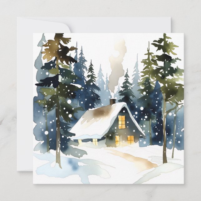 Vintage vintersstuga Vattenfärg jul Kort (Framsida)