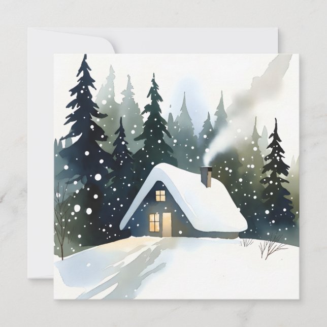 Vintage vintersstuga Vattenfärg jul Kort (Framsida)