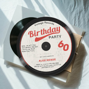 Vintage Vinyl Record Black White Red 60:e födelsed Inbjudningar