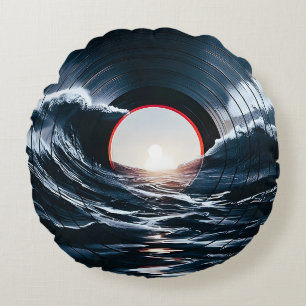 Vintage Vinyl Surfvåg Ocean Retro Musik Rund Kudde