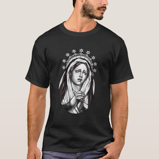 Vintage Virgin Mary Christian Tattoo T Shirt (Framsida)