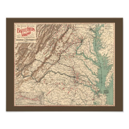 Vintage Virginia Civil Krig Battlefields Karta, 18 Fototryck