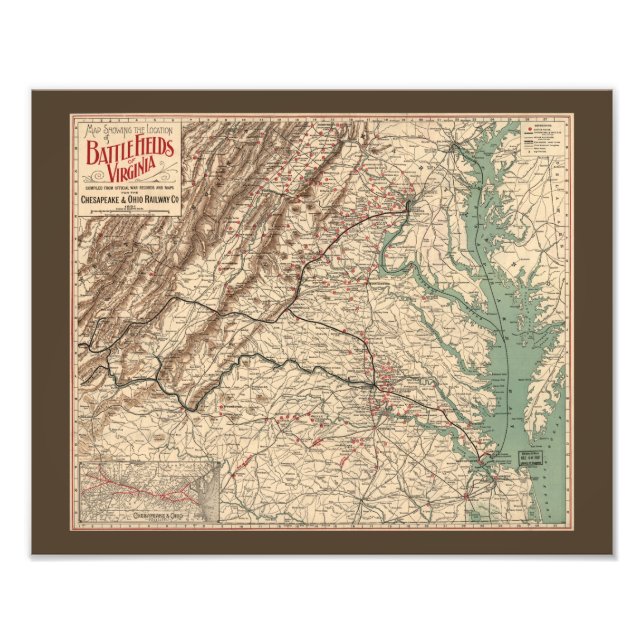Vintage Virginia Civil Krig Battlefields Karta, 18 Fototryck (Framsidan)