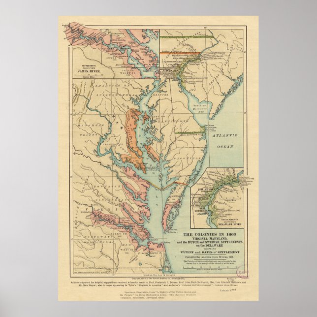 Vintage Virginia och Maryland Colonies Karta (1905 Poster (Framsidan)