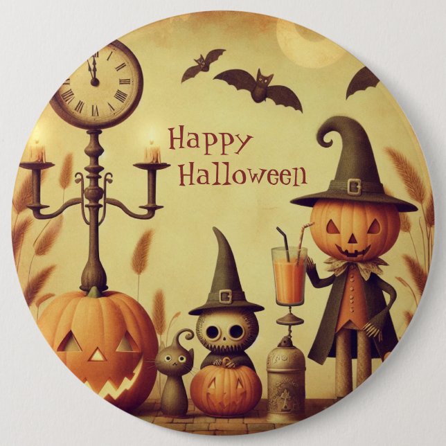 Vintage, vismisk Halloween-pumpor & fladdermus Knapp (Framsida)