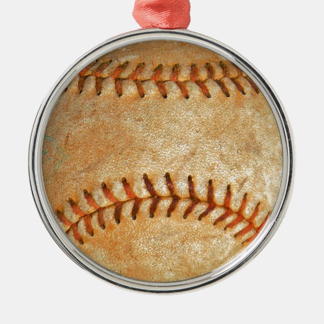 Vintage Vit Baseball röd sömnad Julgransprydnad Metall (Framsidan)