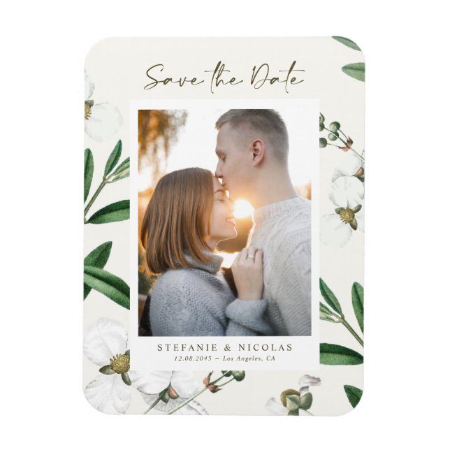 Vintage Vit blomma Botaniskt foto Spara datum Magnet (Vertikal)