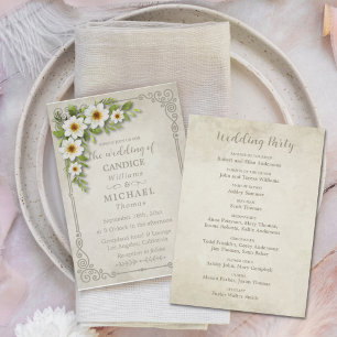 Vintage Vit Daisy Blommigt Romantic Rustic Bröllop Program
