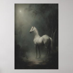 Vintage Vit Enhörning i Månbelyst Mörk Skog, Mörk Poster