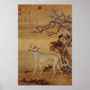 Vintage Vit Gråhund Under Blommande Träd Poster