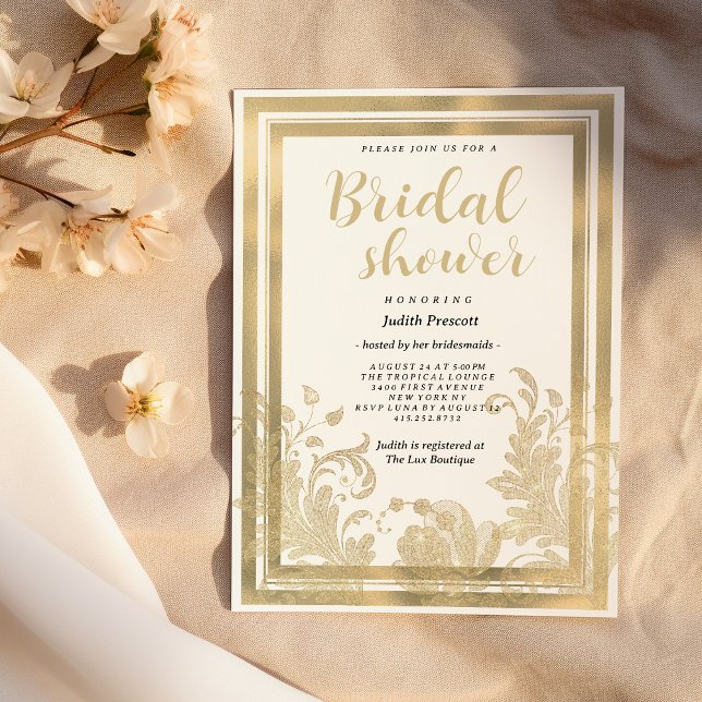 Vintage vit guld blommigt snöre Möhippa Inbjudningar (Vintage white gold floral lace Bridal Shower)