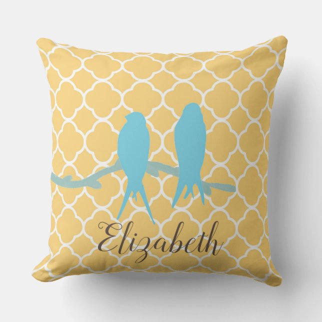 Vintage - vit gult blå fågelquatrefoil monogram kudde (Framsida)