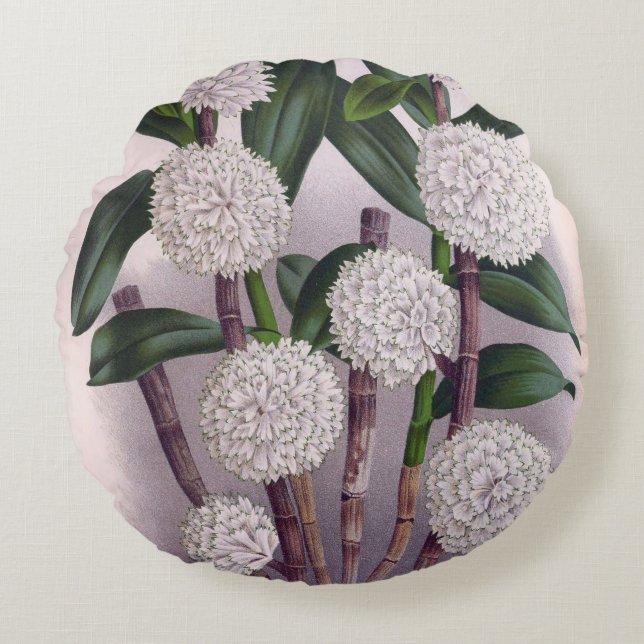 Vintage Vit orkid Dendrobrium Purpurem Rund Kudde (Framsidan)