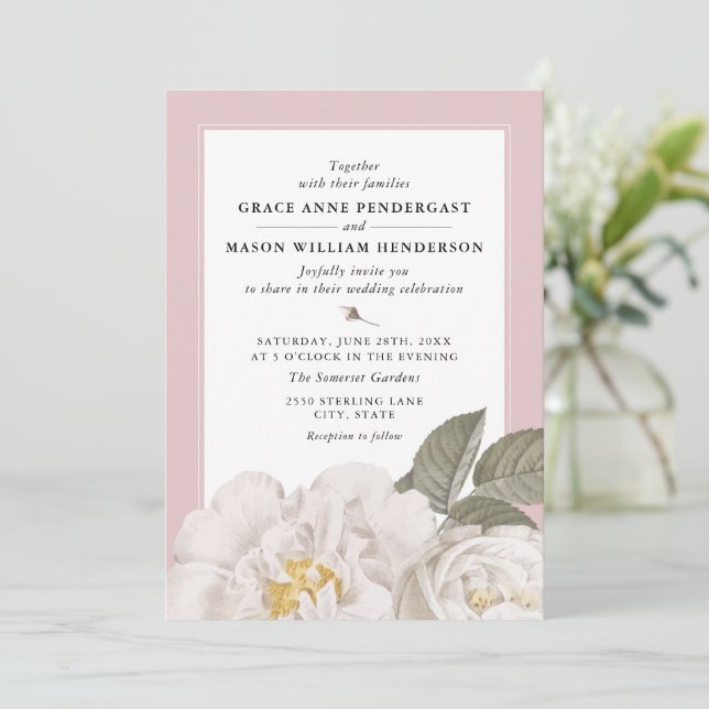 Vintage Vit ros Botaniska Blommigtens Rosa Bröllop Inbjudningar (Stående Fram)