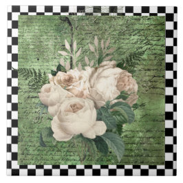 Vintage Vit ros & Checkerboard Kakelplatta