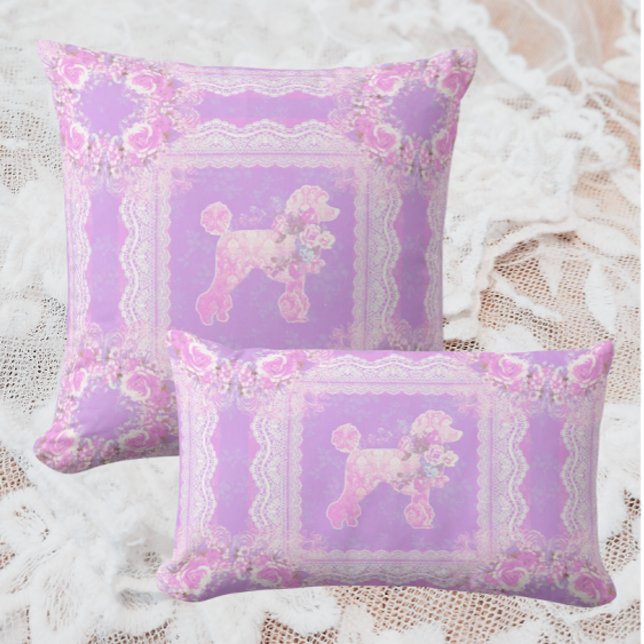 Vintage Vit Rosa Lila Spets Pudel Lapptäcke Lumbarkudde (So feminine and girly!)