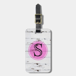 Vintage vit rustikt trä flickaktig rosa monogram b bagagebricka