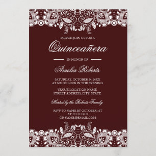 Vintage vit spets burgunderröd Quinceanera-inbjuda Inbjudningar
