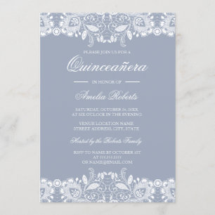 Vintage Vit Spets Damblå Quinceanera Inbjudan