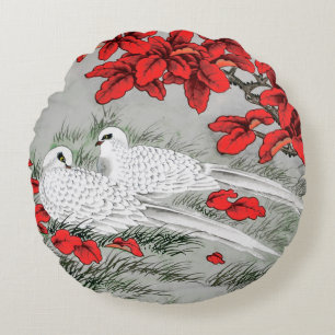 Vintage Vita Dovar och Röda Löv på Grått / Grått Rund Kudde