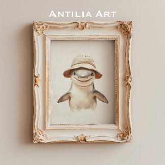 Vintage Vita hajmålning av marin fisk Poster