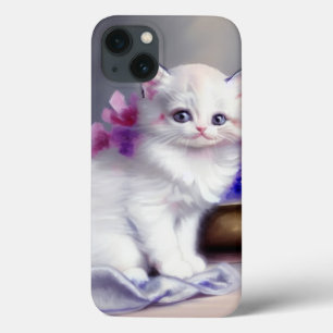Vintage Vita Kitten med Rosa och Lila blommor