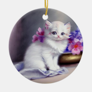 Vintage Vita Kitten med Rosa och Lila blommor Julgransprydnad Keramik