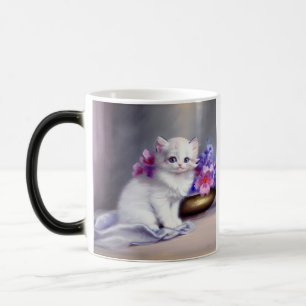 Vintage Vita Kitten med Rosa och Lila blommor Magisk Mugg