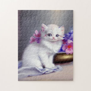 Vintage Vita Kitten med Rosa och Lila blommor Pussel