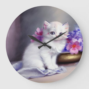 Vintage Vita Kitten med Rosa och Lila blommor Stor Klocka