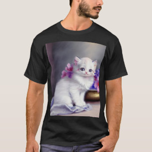 Vintage Vita Kitten med Rosa och Lila blommor T Shirt