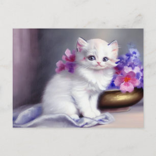 Vintage Vita Kitten med Rosa och Lila blommor Vykort