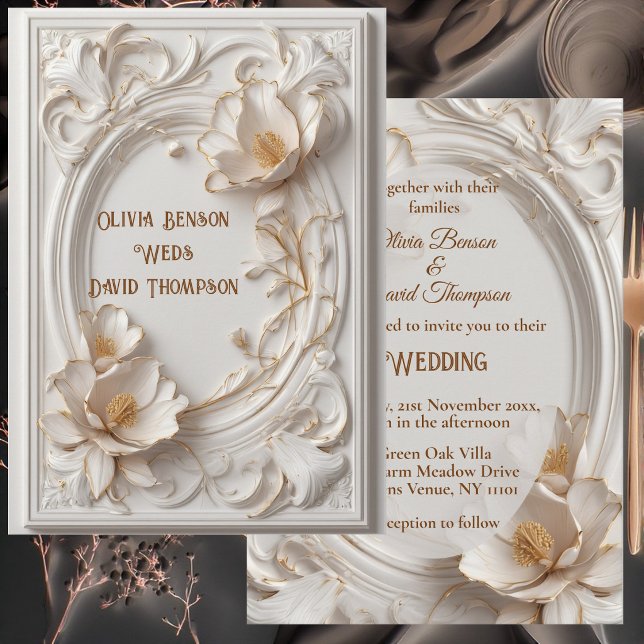 Vintage vita tulpaner Elfenbensguld Barock rullnin Inbjudningar (Vintage White Tulips Ivory Gold Baroque Scrollwork Invitation)